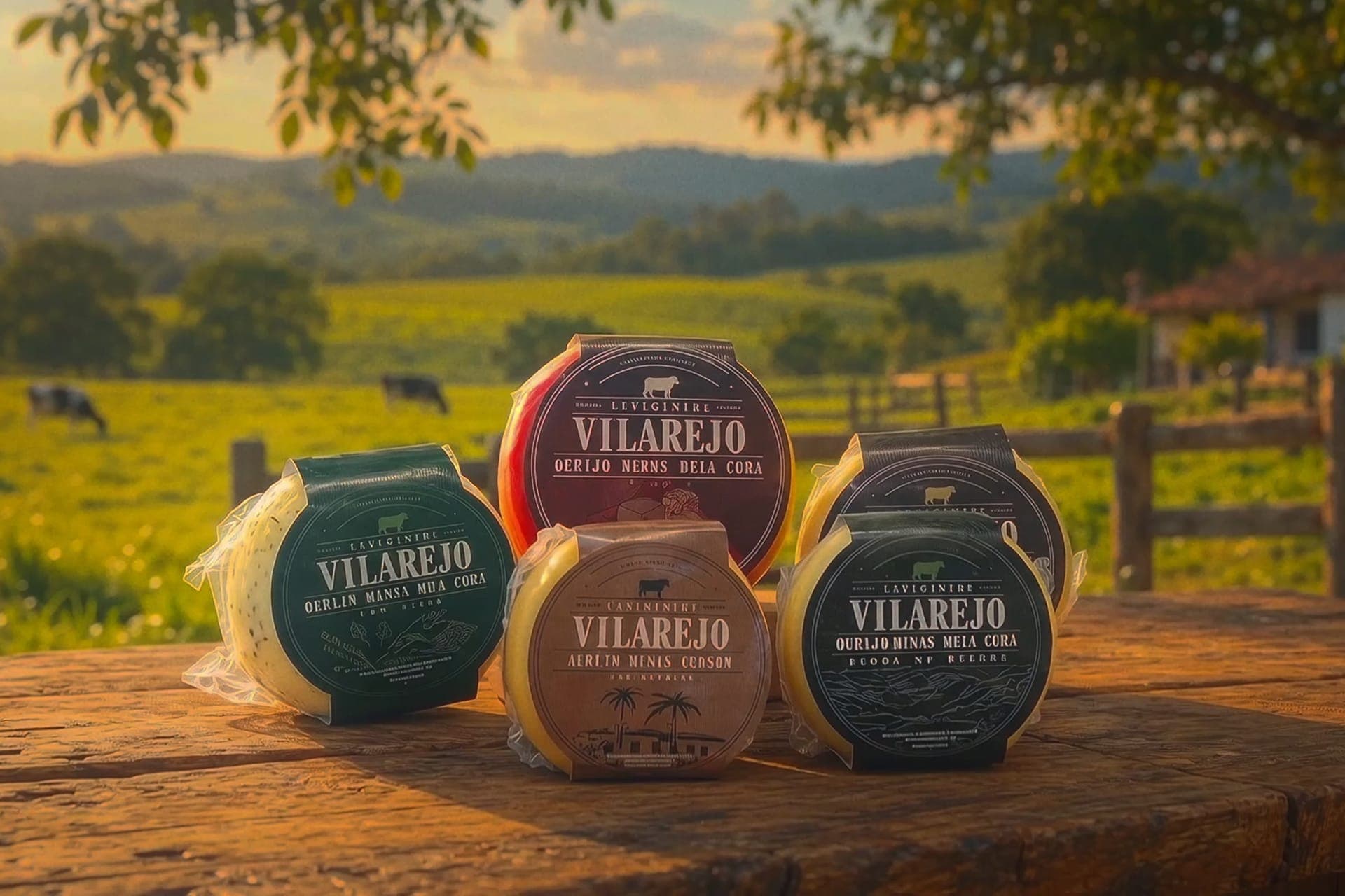 Queijos da Linha Gourmet Laticínios Vilarejo sobre uma mesa de madeira, com o pasto ao fundo